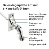 Gelenklagerplatte | Schwenkbereich 45 mit 6-Kant-Stift  6mm in silber