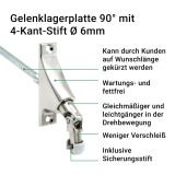 Gelenklagerplatte | Schwenkbereich 90 mit 4-Kant-Stift 6mm x 6mm in silber oder wei