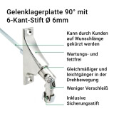 Gelenklagerplatte | Schwenkbereich 90� mit 6-Kant-Stift � 6mm in silber oder wei�